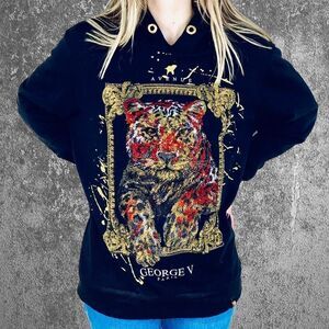 AVENUE George V Black rhinestone embellished  leopard HOODIE